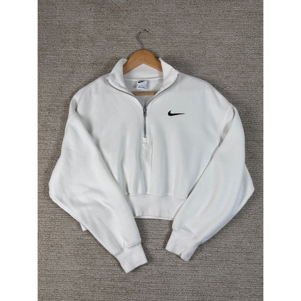 Nike Phoenix Fleece Quarter Zip Cropped Sweatshirt White Womens Medium - Picture 2 of 14